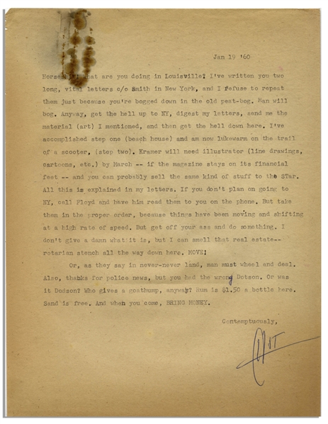 Hunter S. Thompson Letter Signed ''HST'' From 1960, Telling His Friend to Get Out of Their Hometown of Louisville -- ''I can smell that real estate-- rotarian stench all the way down here. MOVE!''
